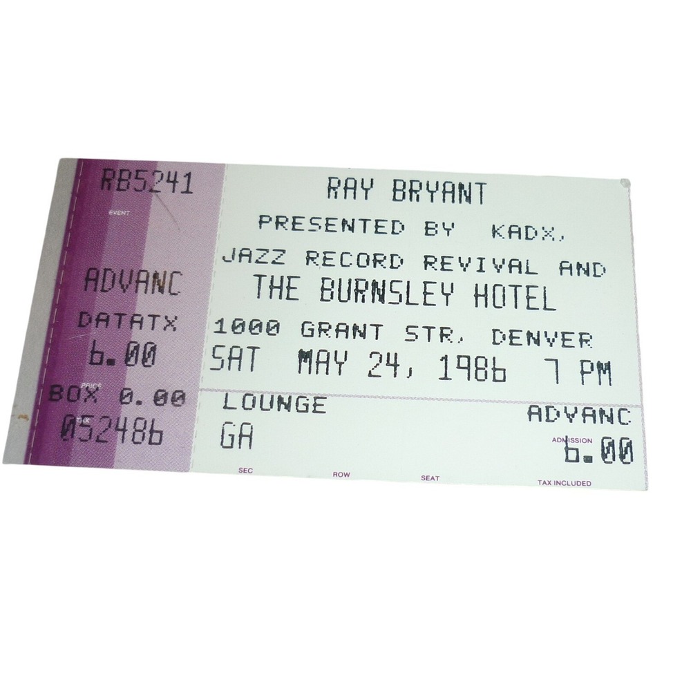 Vintage 1986 Ray Bryant Jazz Concert Ticket Stub The Burnsley Hotel Denver‎ KADX